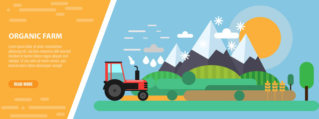 Flat Design mountain and farm meadow Landscape and Tractor. Flat and solid vector illustration.
