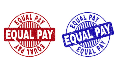 Grunge EQUAL PAY round stamp seals isolated on a white background. Round seals with grunge texture in red and blue colors. Vector rubber imprint of EQUAL PAY caption inside circle form with stripes.