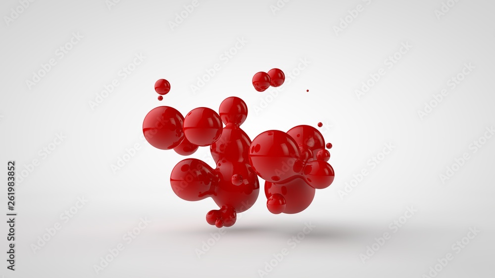 Poster 3d rendering of a plurality of drops of the red liquid looked like blood, juice. drops of different 