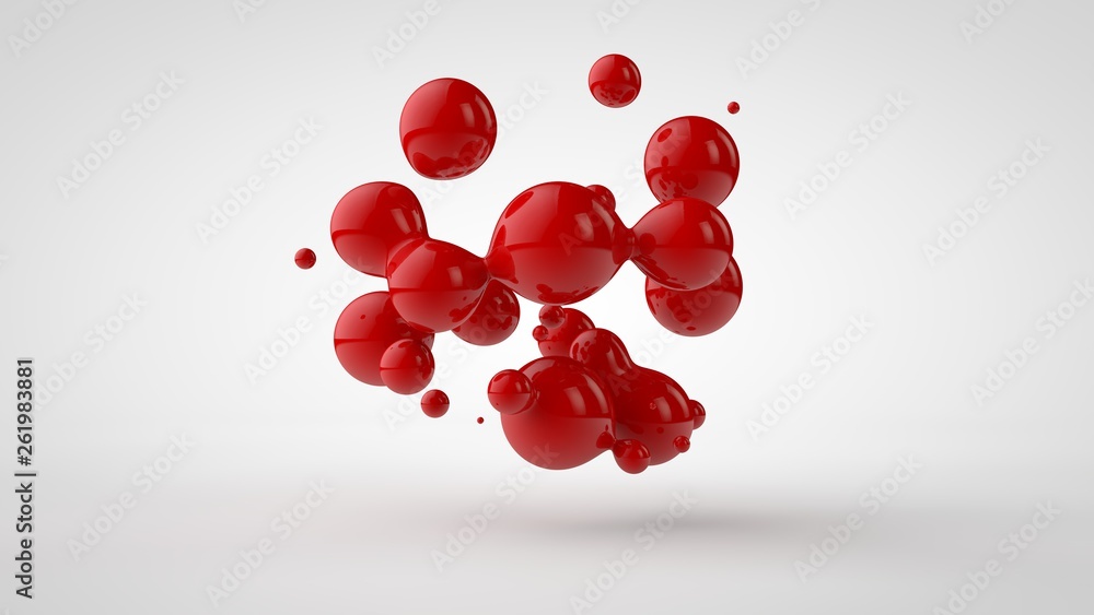 Poster 3d rendering of a plurality of drops of the red liquid looked like blood, juice. drops of different 