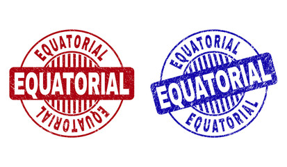 Grunge EQUATORIAL round stamp seals isolated on a white background. Round seals with grunge texture in red and blue colors. Vector rubber watermark of EQUATORIAL label inside circle form with stripes.