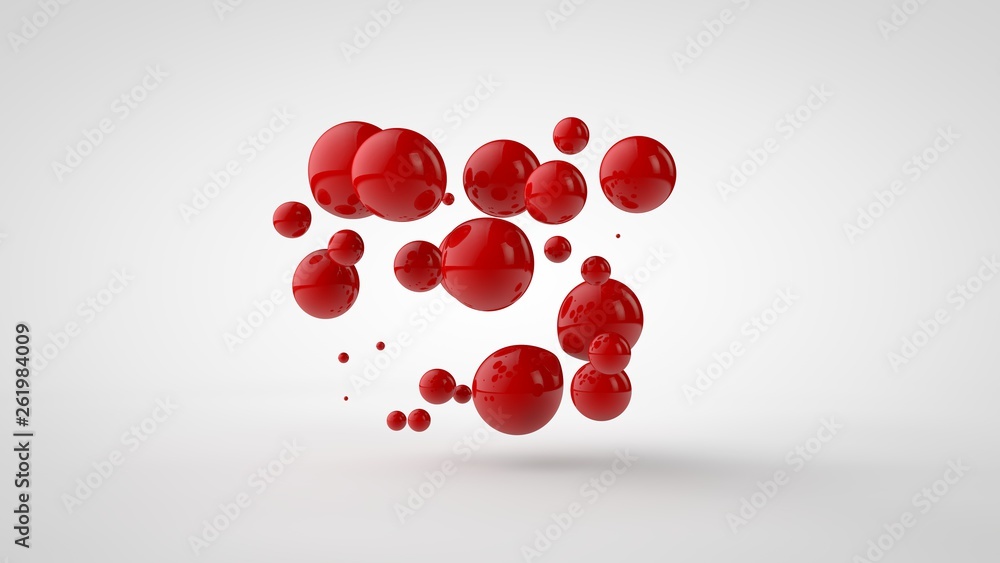 Poster 3d rendering of a plurality of drops of the red liquid looked like blood, juice. drops of different 