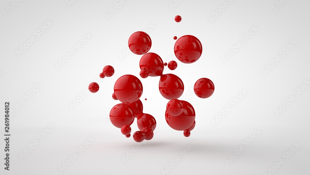 Poster 3d rendering of a plurality of drops of the red liquid looked like blood, juice. drops of different 