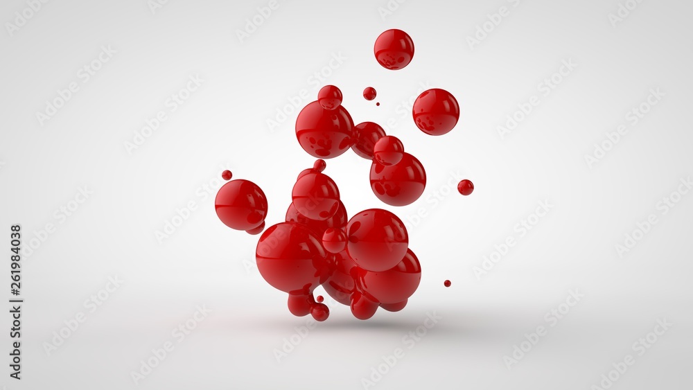 Poster 3d rendering of a plurality of drops of the red liquid looked like blood, juice. drops of different 