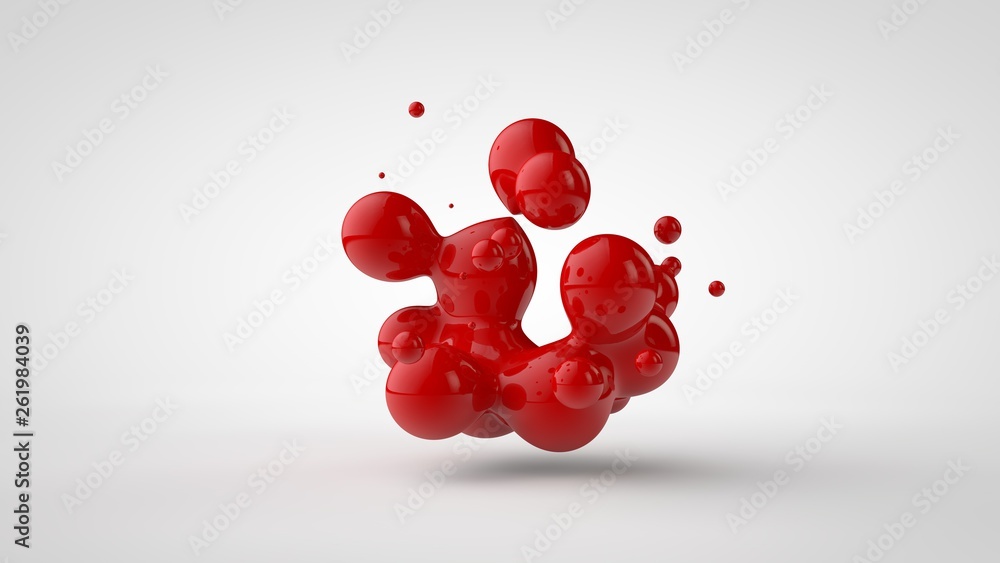 Poster 3d rendering of a plurality of drops of the red liquid looked like blood, juice. drops of different 