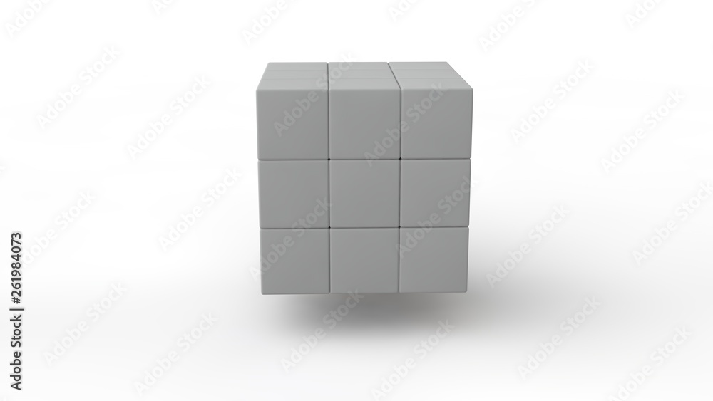 Poster 3d rendering of a set of cubes located in space, of different size, white color, isolated on a white