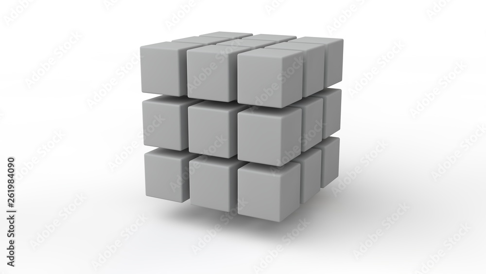 Poster 3d rendering of a set of cubes located in space, of different size, white color, isolated on a white