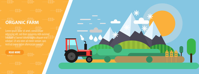 Naklejka premium Flat Design mountain and farm meadow Landscape and Tractor. Flat and solid vector illustration.