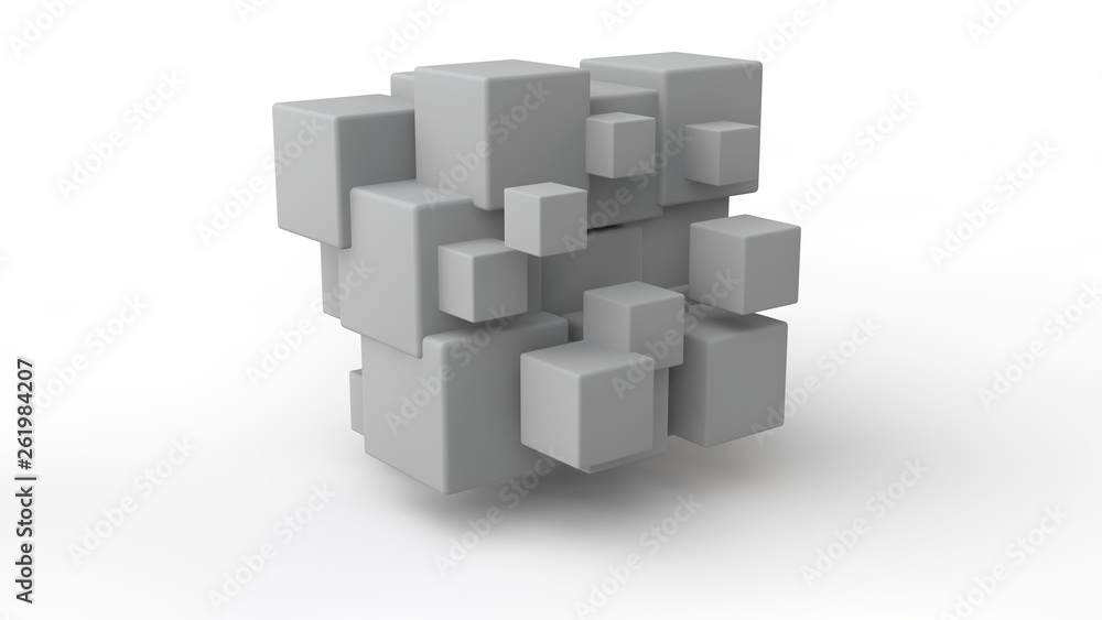 Poster 3d rendering of a set of cubes located in space, of different size, white color, isolated on a white
