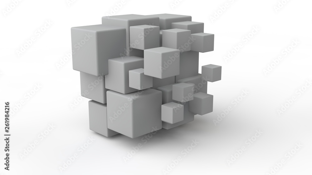 Poster 3d rendering of a set of cubes located in space, of different size, white color, isolated on a white