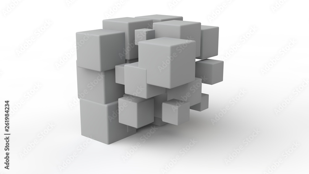 Poster 3d rendering of a set of cubes located in space, of different size, white color, isolated on a white