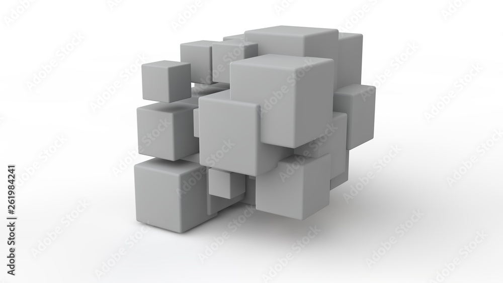 Poster 3d rendering of a set of cubes located in space, of different size, white color, isolated on a white