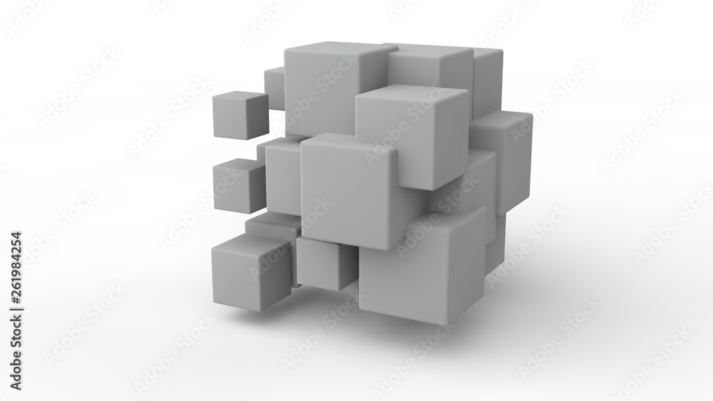 Poster 3d rendering of a set of cubes located in space, of different size, white color, isolated on a white