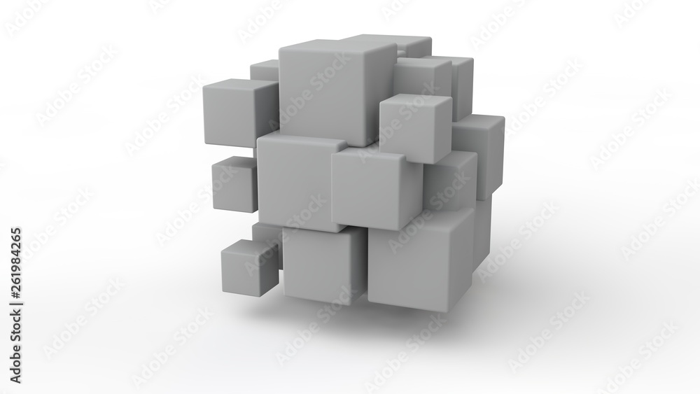 Poster 3d rendering of a set of cubes located in space, of different size, white color, isolated on a white