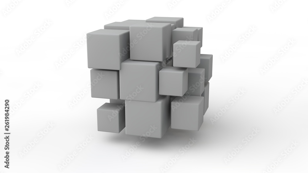 Poster 3d rendering of a set of cubes located in space, of different size, white color, isolated on a white