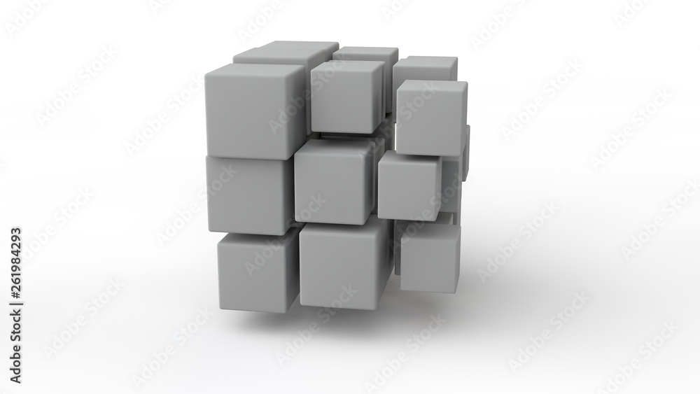 Poster 3d rendering of a set of cubes located in space, of different size, white color, isolated on a white
