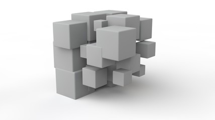 3D rendering of a set of cubes located in space, of different size, white color, isolated on a white background. Geometric model of destruction, chaos and variety of forms. 3D illustration.