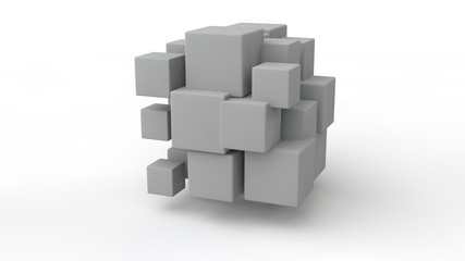 Obraz premium 3D rendering of a set of cubes located in space, of different size, white color, isolated on a white background. Geometric model of destruction, chaos and variety of forms. 3D illustration.