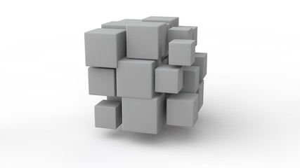 3D rendering of a set of cubes located in space, of different size, white color, isolated on a white background. Geometric model of destruction, chaos and variety of forms. 3D illustration.