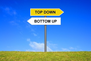 Schild Wegweiser zeigt Top Down Bottom Up