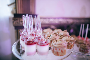 Candy bar. Table with sweets, candies, dessert