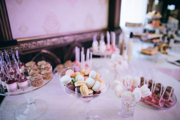 Candy bar. Table with sweets, candies, dessert