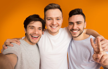 Portrait of cheerful guys making selfie, having fun