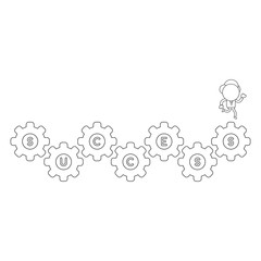 Vector businessman character running on success gears. Black outline.