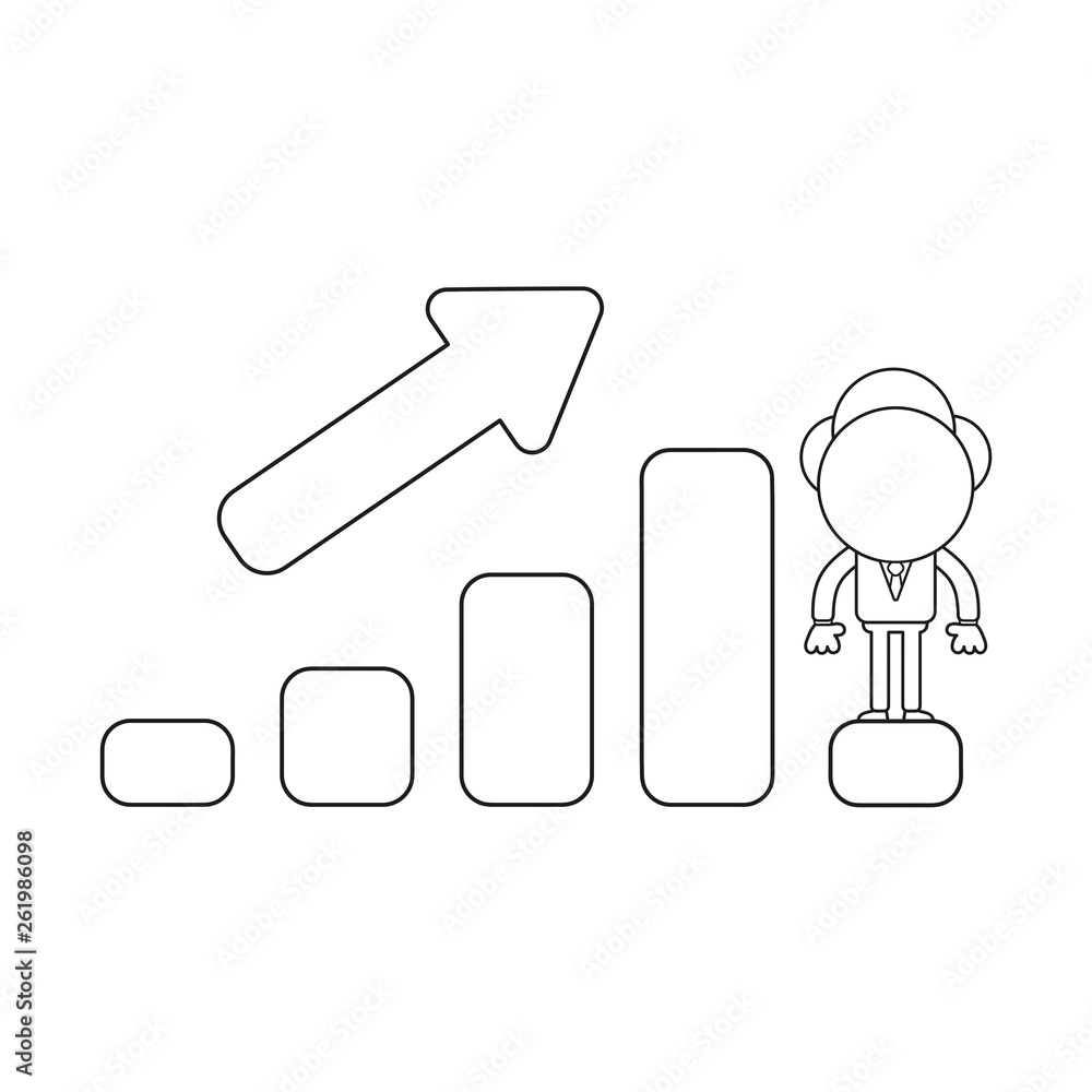 Poster vector businessman character standing on sales bar graph moving up and down. black outline.