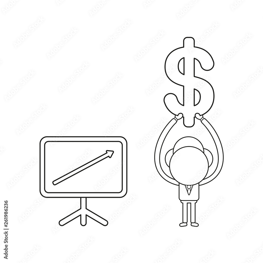 Poster vector businessman character with sales chart arrow moving up and holding up dollar symbol. black ou