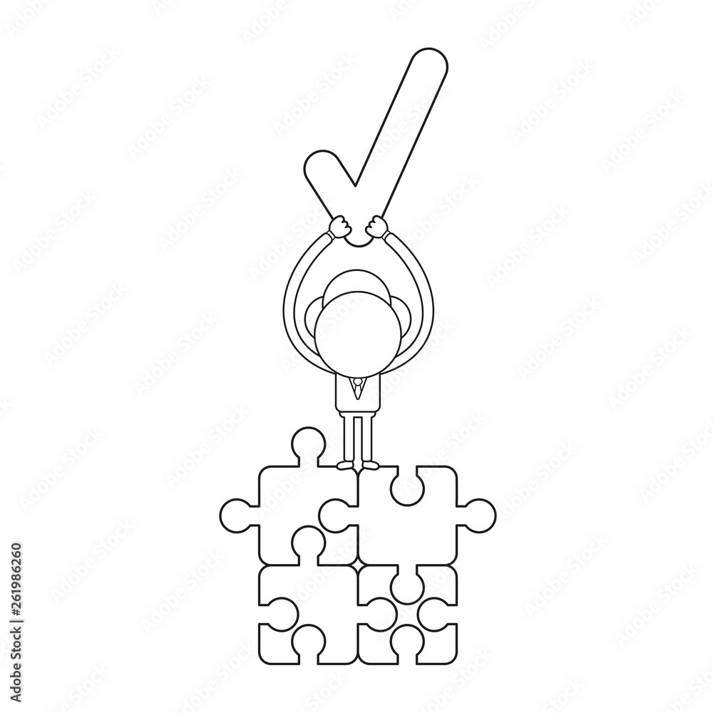 Poster vector businessman character standing on four connected jigsaw puzzle pieces and holding up check ma