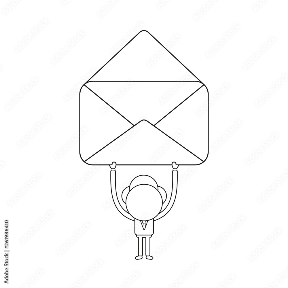 Poster vector businessman character holding up open empty mail envelope. black outline.