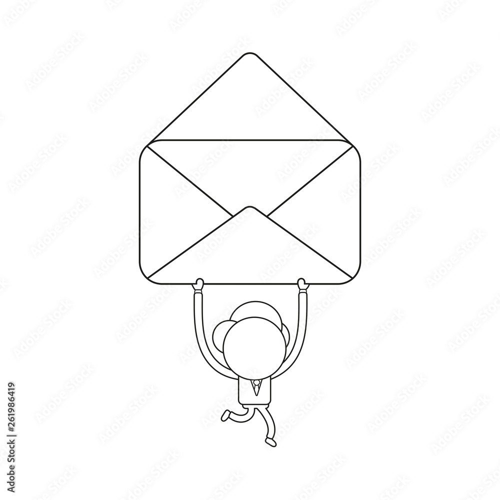 Poster vector businessman character running and carrying empty open mail envelope. black outline.