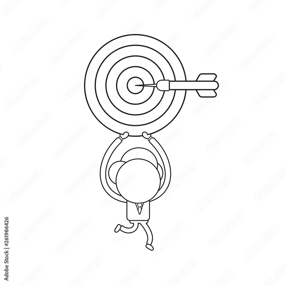 Poster vector businessman character running and carrying bulls eye with dart in the center. black outline.