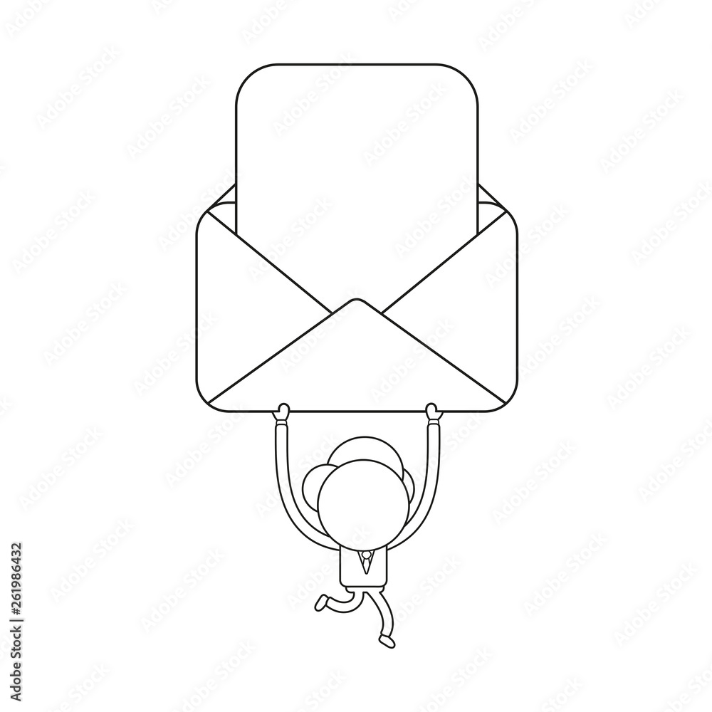 Aufkleber vector businessman character running and carrying open mail envelope with blank paper. black outline