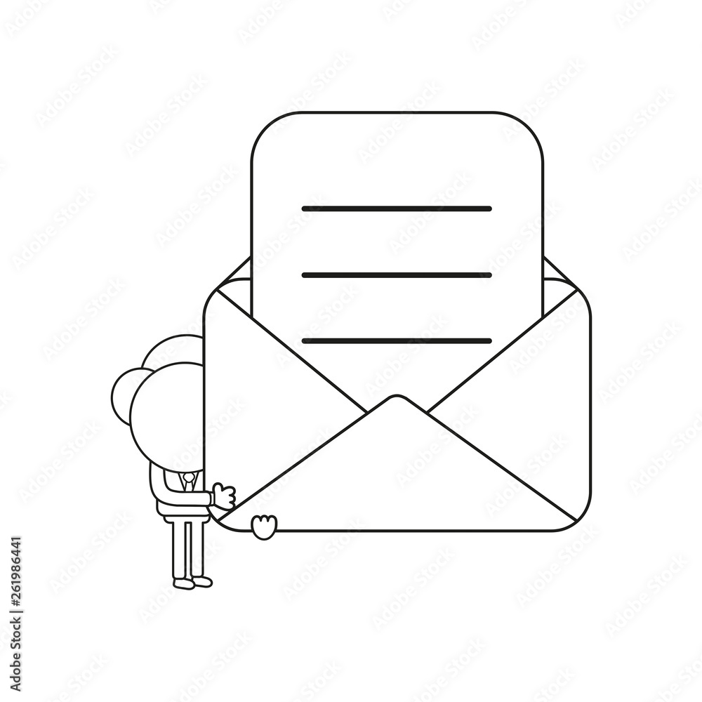 Poster vector businessman character holding open mail envelope with written paper. black outline.