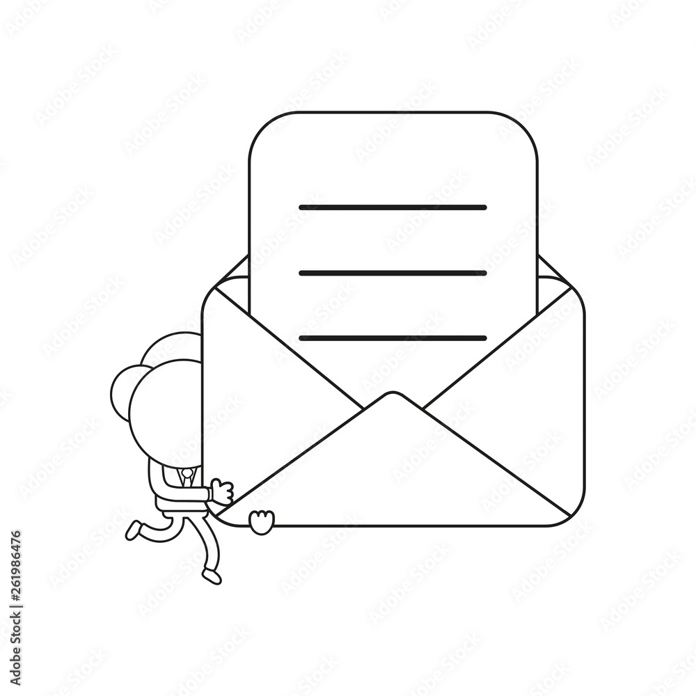 Aufkleber vector businessman character running and carrying open mail envelope with written paper. black outli
