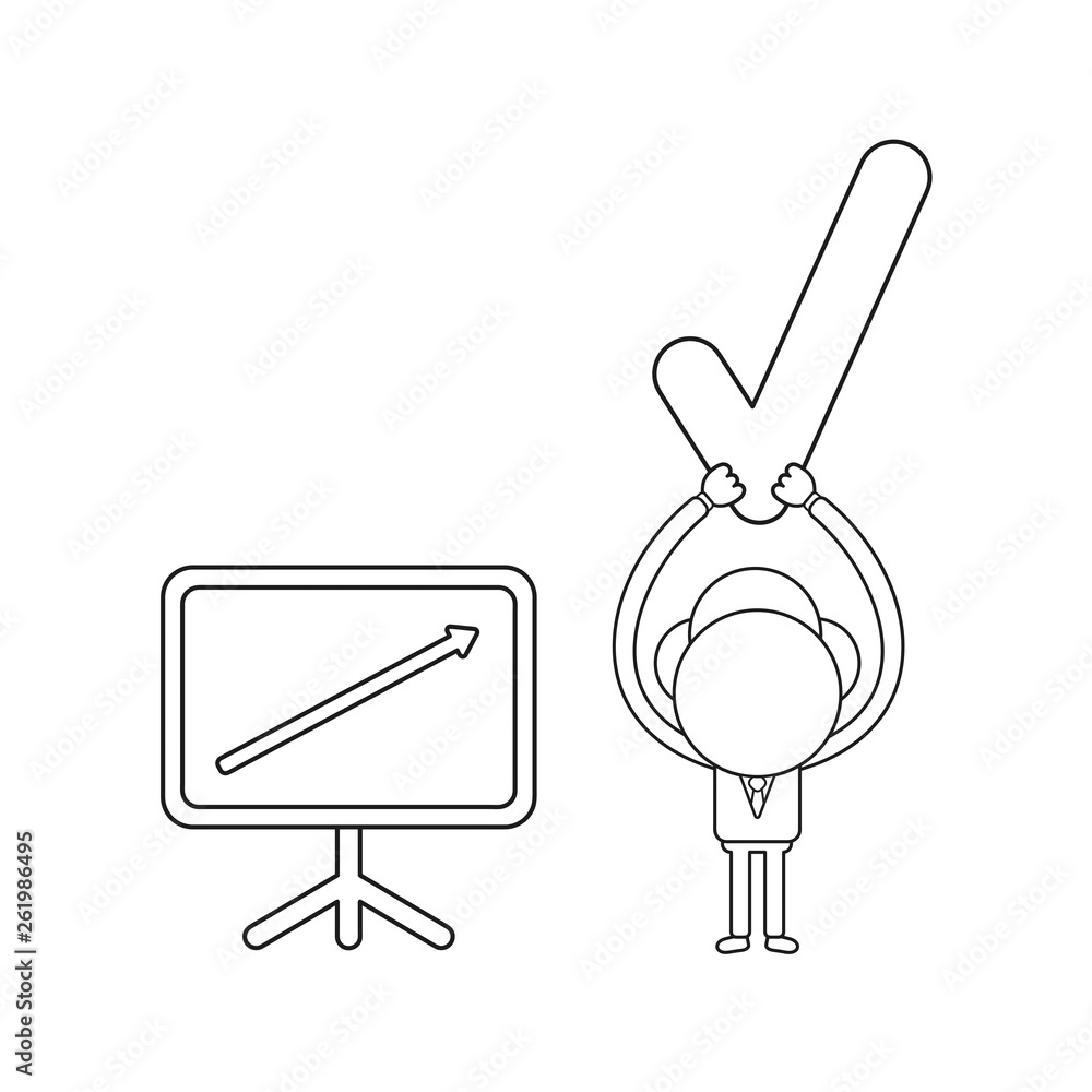 Poster vector businessman character with sales chart arrow moving up and holding up check mark. black outli