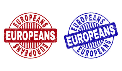 Grunge EUROPEANS round stamp seals isolated on a white background. Round seals with grunge texture in red and blue colors. Vector rubber watermark of EUROPEANS tag inside circle form with stripes.