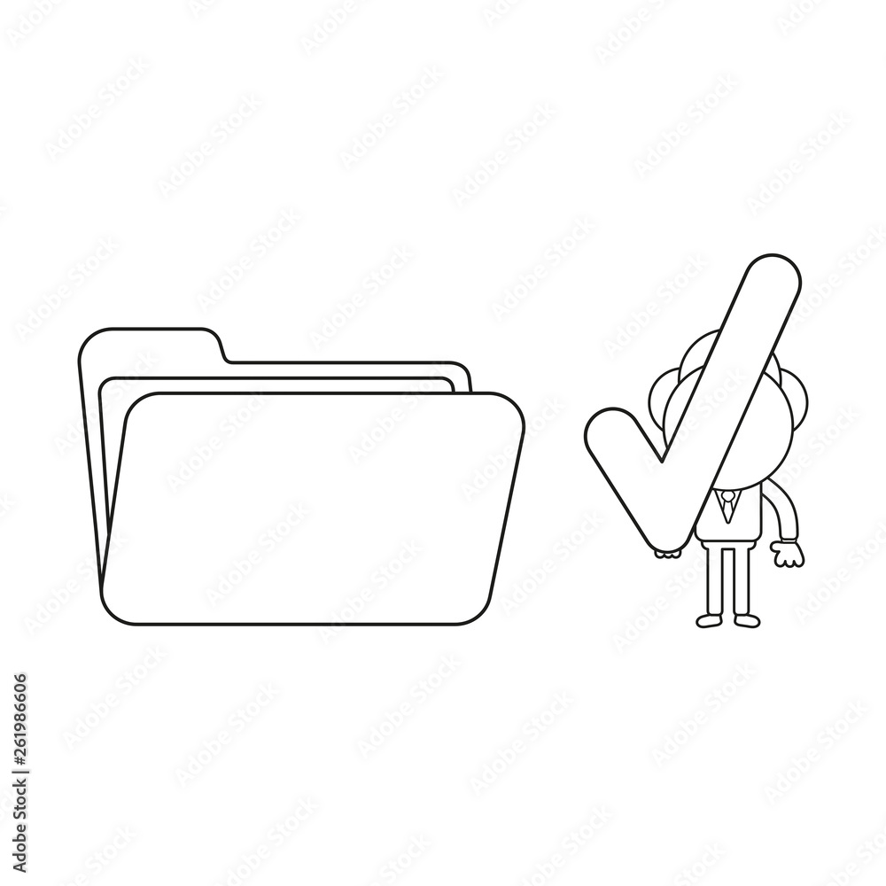 Poster vector businessman character holding check mark to open file folder. black outline.