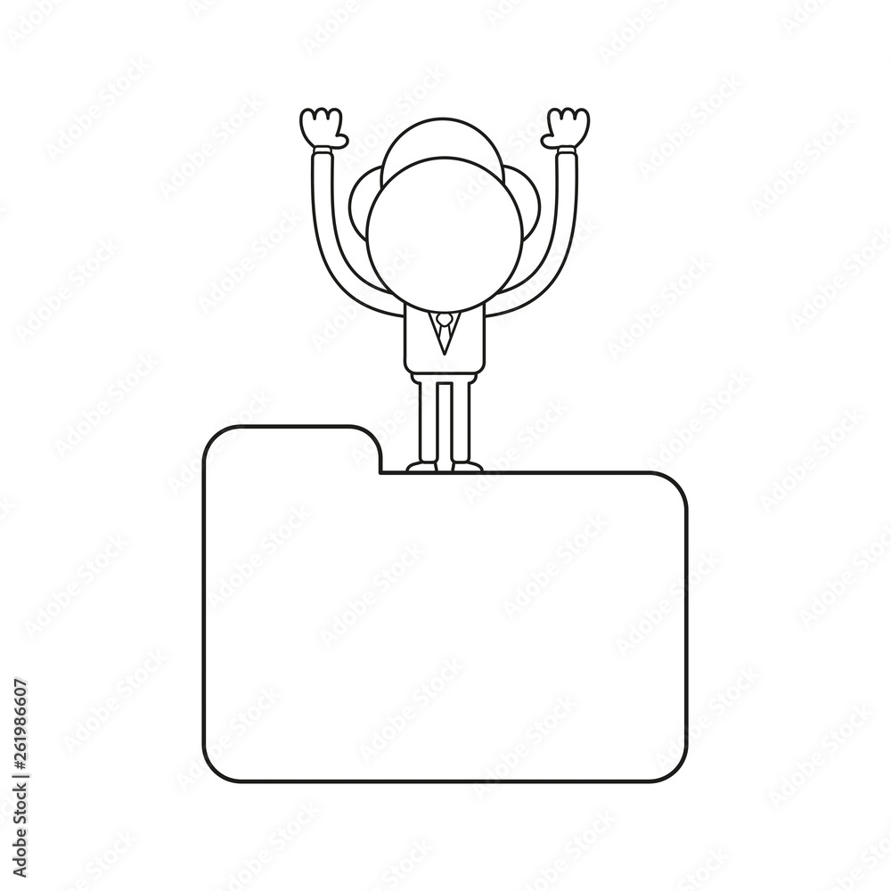 Poster vector businessman character standing on closed file folder. black outline.