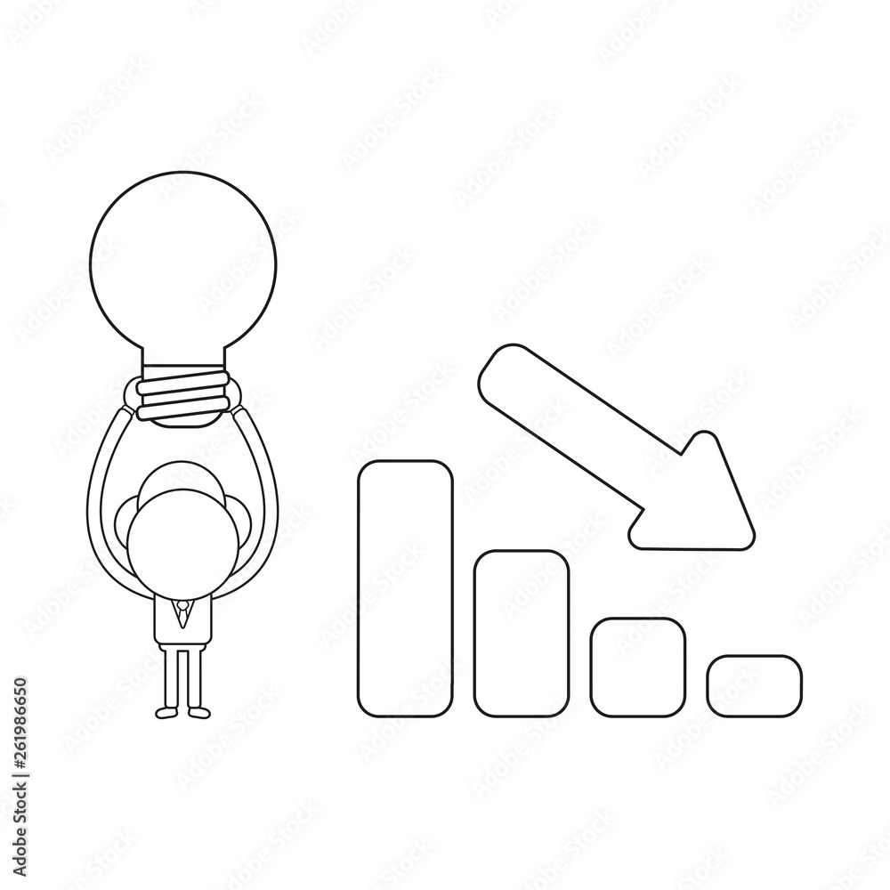 Poster vector businessman character with sales bar graph moving down and holding up light bulb. black outli