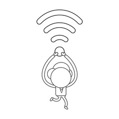 Vector businessman character running and carrying wireless wifi symbol. Black outline.
