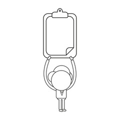 Vector businessman character holding up clipboard with blank paper. Black outline.