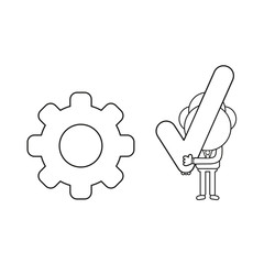 Vector businessman character with gear and holding check mark. Black outline.