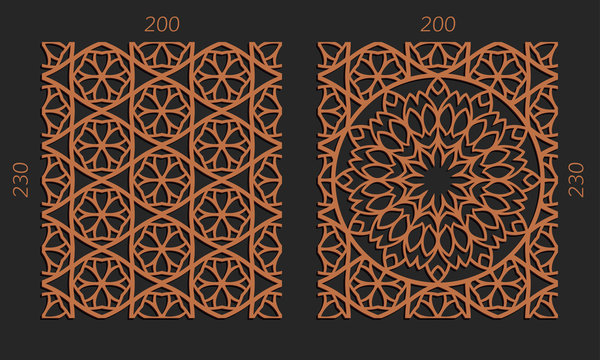 Laser cutting set. Woodcut vector trellis panels. Plywood lasercut floral design. Hexagonal seamless patterns for printing, engraving, paper cut. Stencil lattice ornaments.