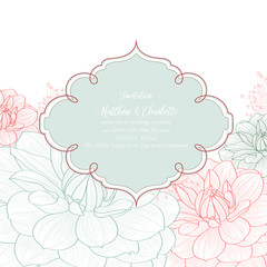 Wedding invitation with flowers of dahlias. Congratulations on your birthday, invitation card. Flower pattern. Element for printing, design, creativity, scrapbooking.