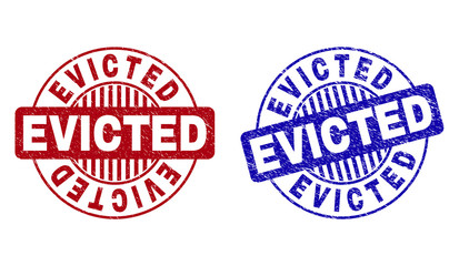 Grunge EVICTED round stamp seals isolated on a white background. Round seals with grunge texture in red and blue colors. Vector rubber overlay of EVICTED tag inside circle form with stripes.