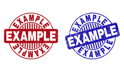 Grunge EXAMPLE round stamp seals isolated on a white background. Round seals with grunge texture in red and blue colors. Vector rubber watermark of EXAMPLE title inside circle form with stripes.