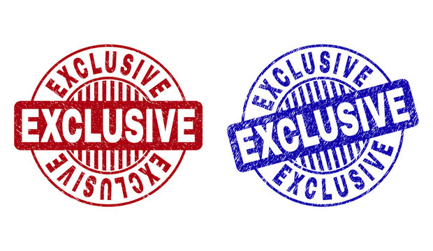 Grunge EXCLUSIVE round stamp seals isolated on a white background. Round seals with grunge texture in red and blue colors. Vector rubber overlay of EXCLUSIVE caption inside circle form with stripes.